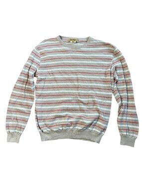 Paul Stuart men's striped cotton crewneck sweater size L large khaki white red